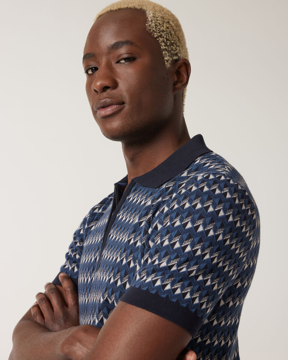 Geometric Zip-up Collar Polo, Navy, hi-res